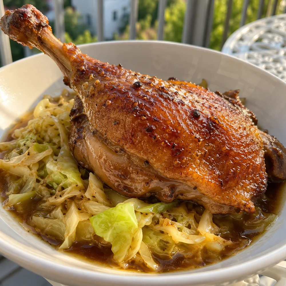 Keto braised duck leg on sweetheart cabbage