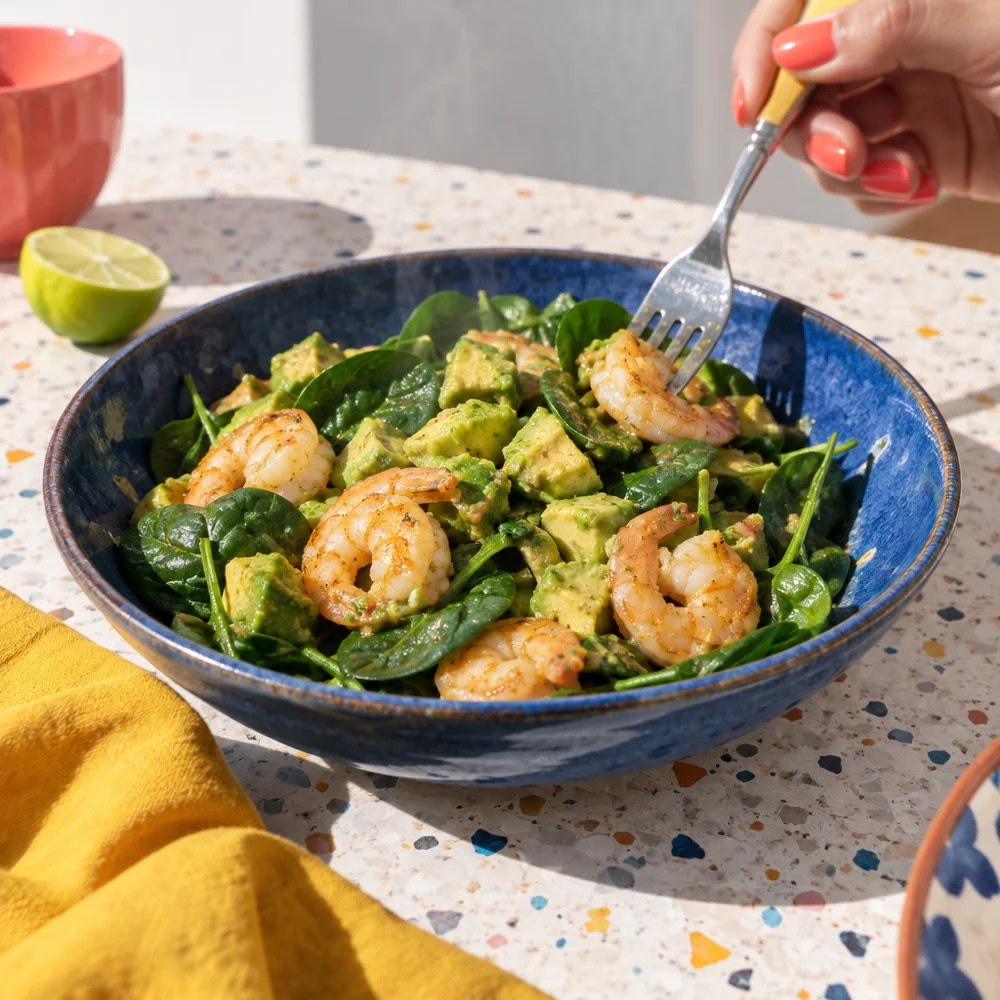 Keto guacamole prawns with fresh spinach