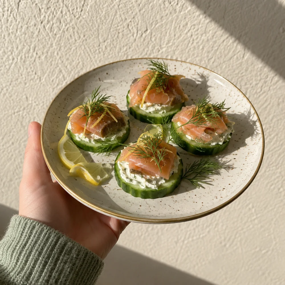Keto cucumber bites with smoked trout and dill cream cheese