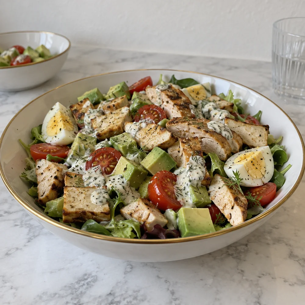 Keto chicken and avocado salad with smoked tofu