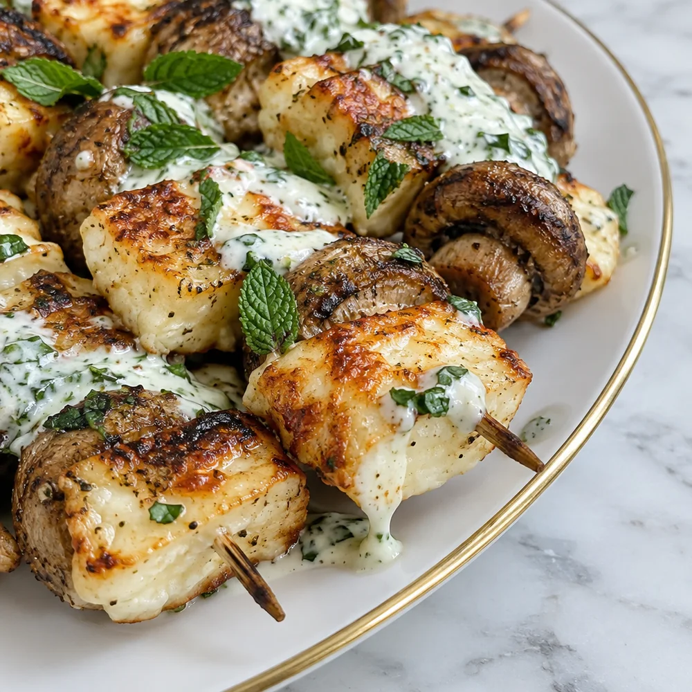 Keto air fryer halloumi and mushroom skewers with mint yoghurt