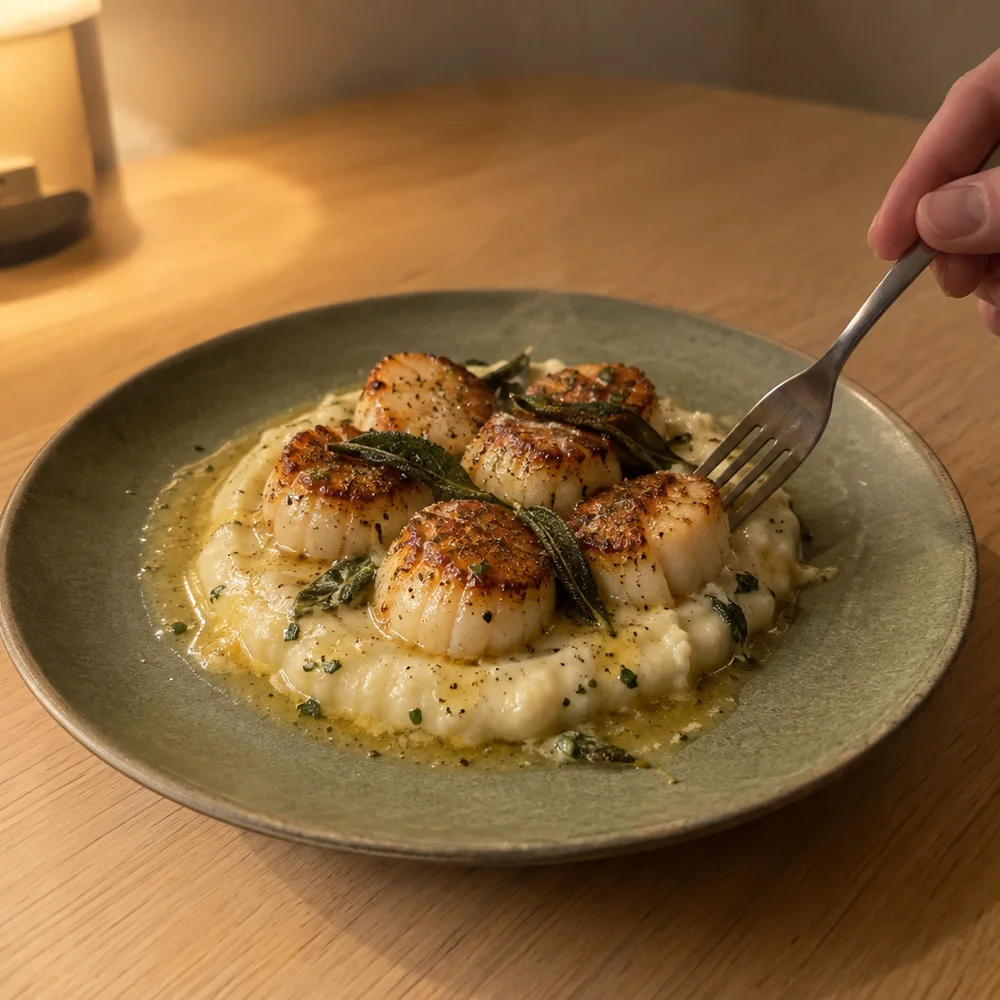 Keto scallops on cauliflower purée with sage butter