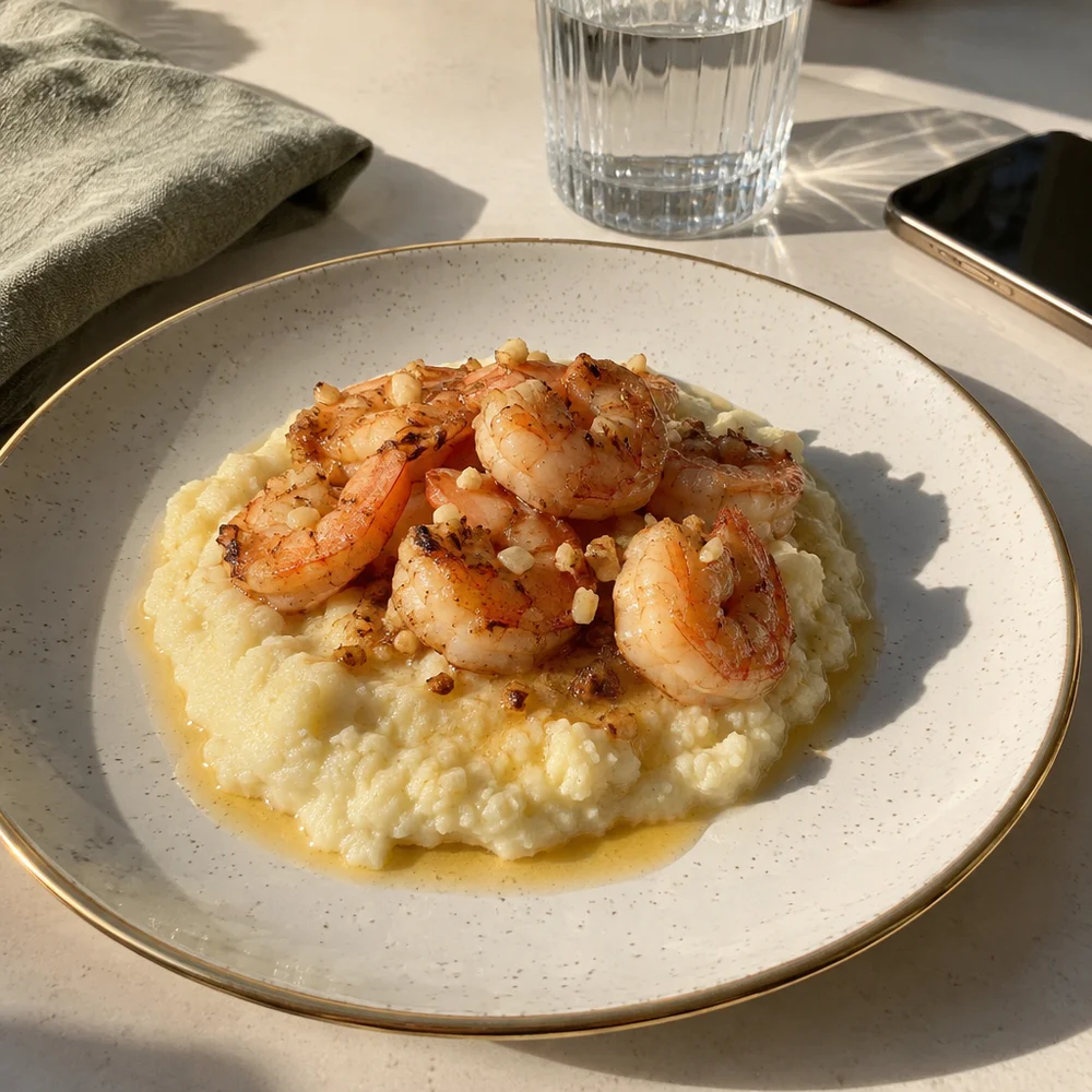 Keto garlic prawns on cauliflower mash