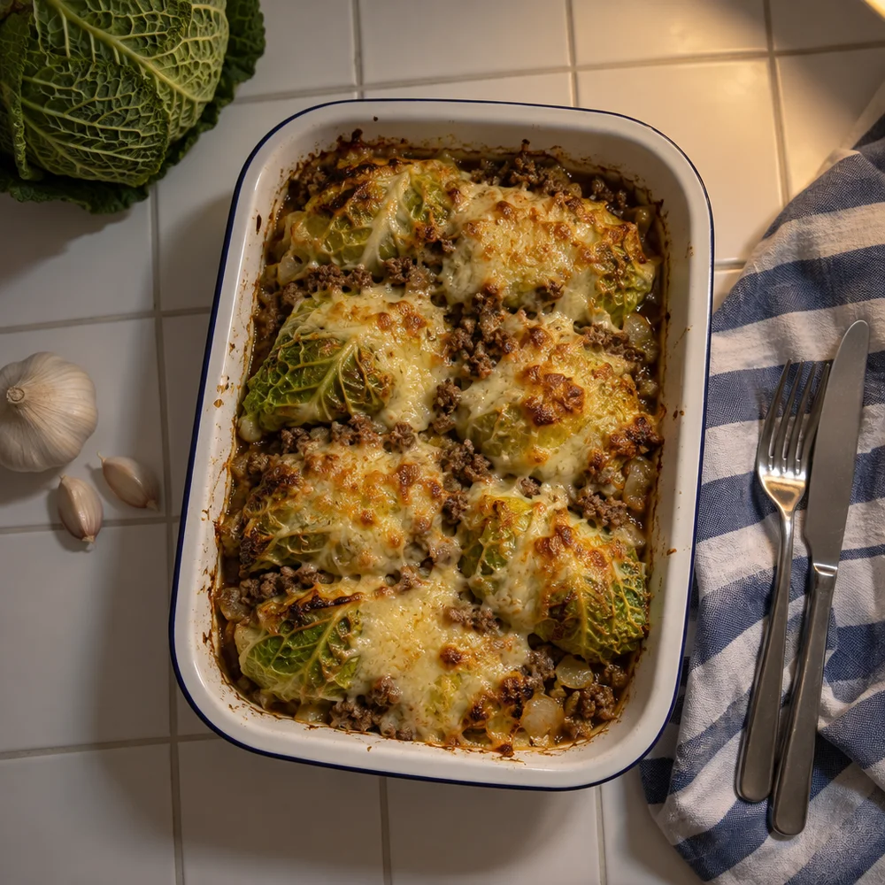 Cabbage roll bake with savoy cabbage, beef mince and Gouda
