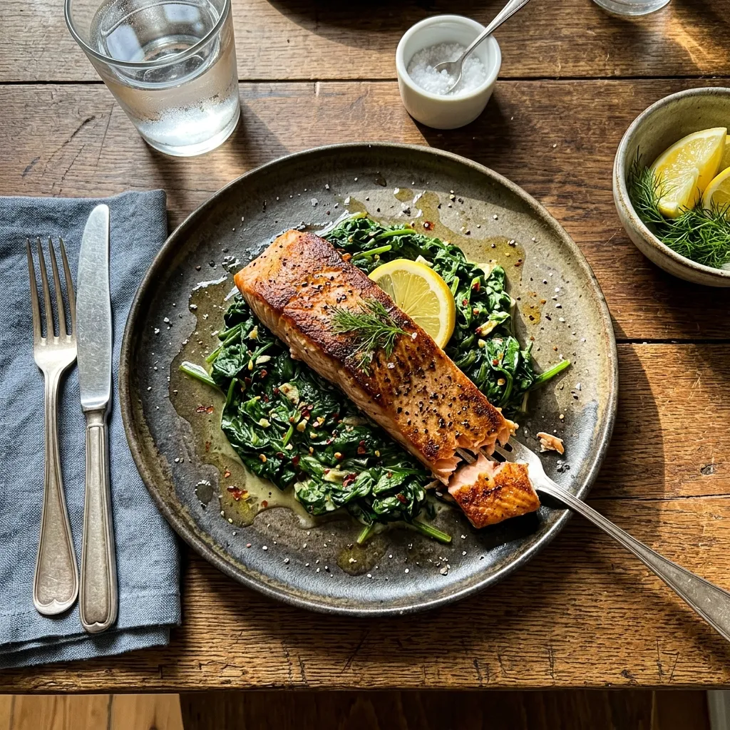 Keto salmon on a bed of spinach