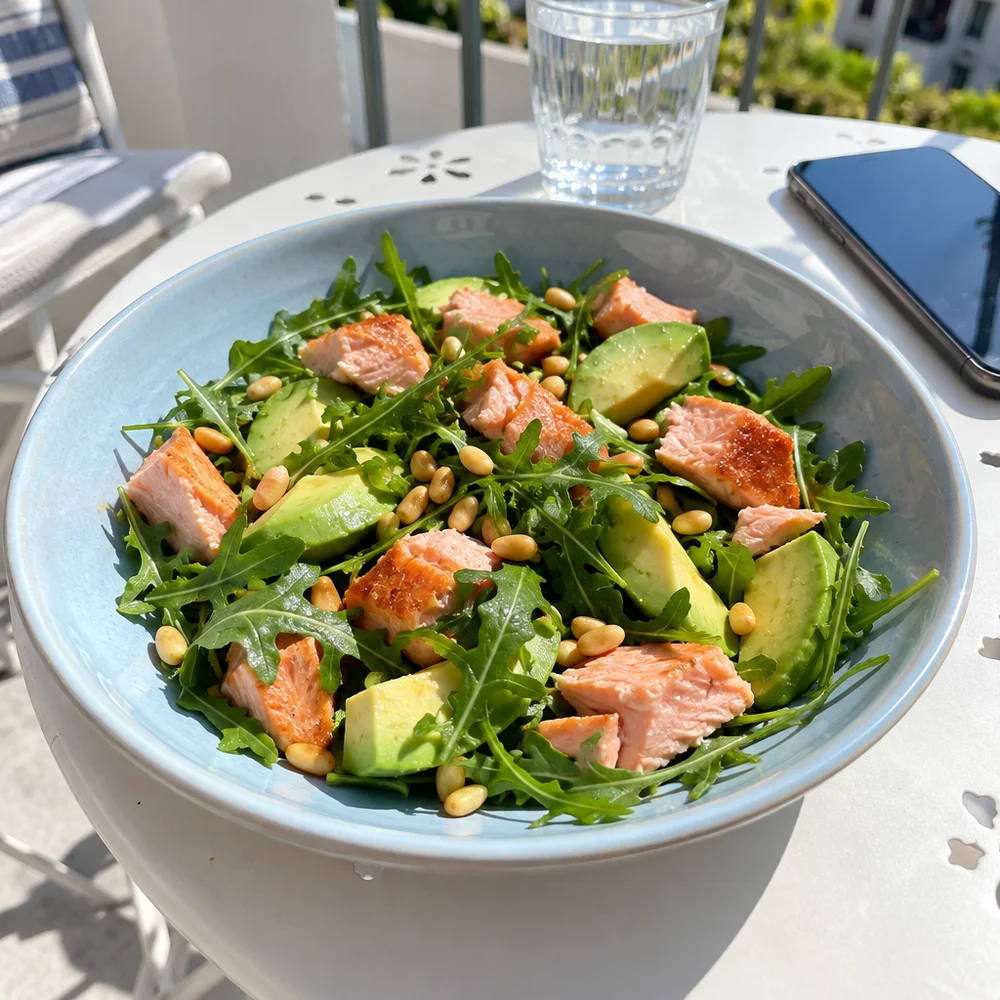 Keto salmon and avocado salad with pine nuts