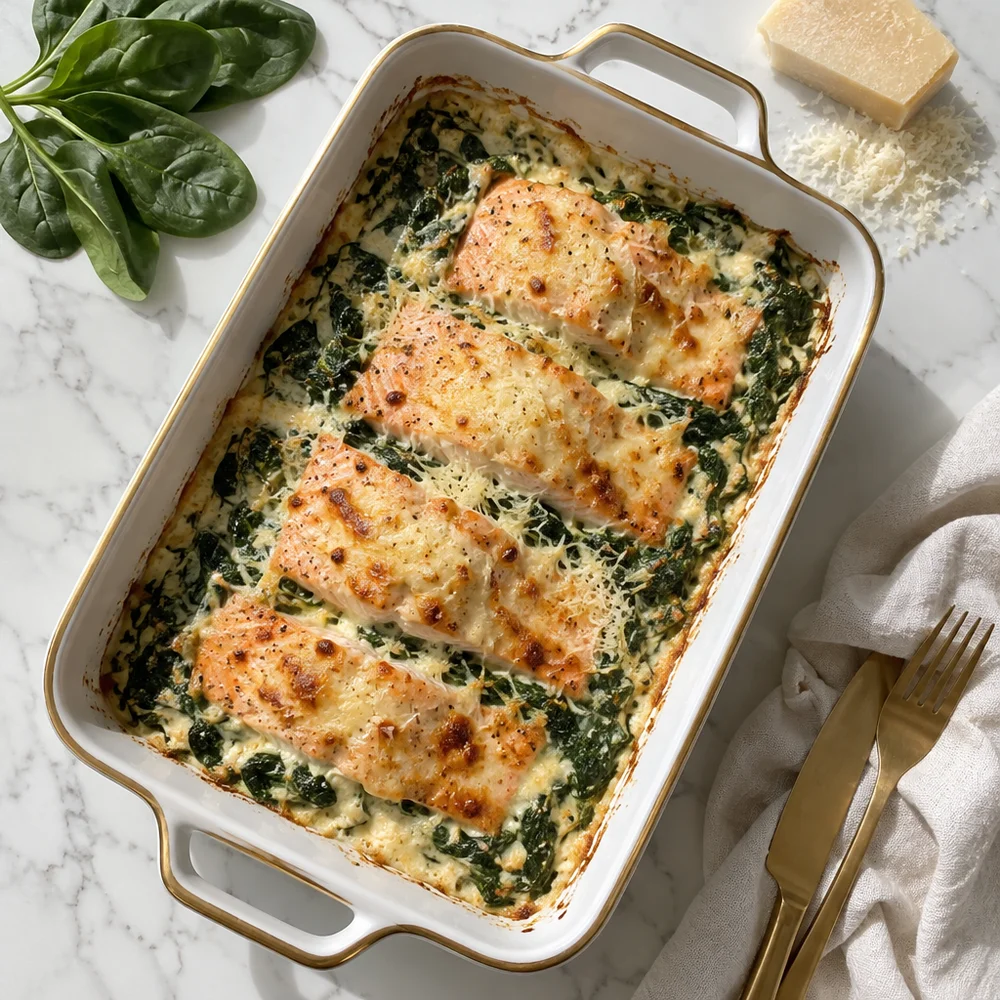 Keto salmon and spinach bake with a parmesan crust