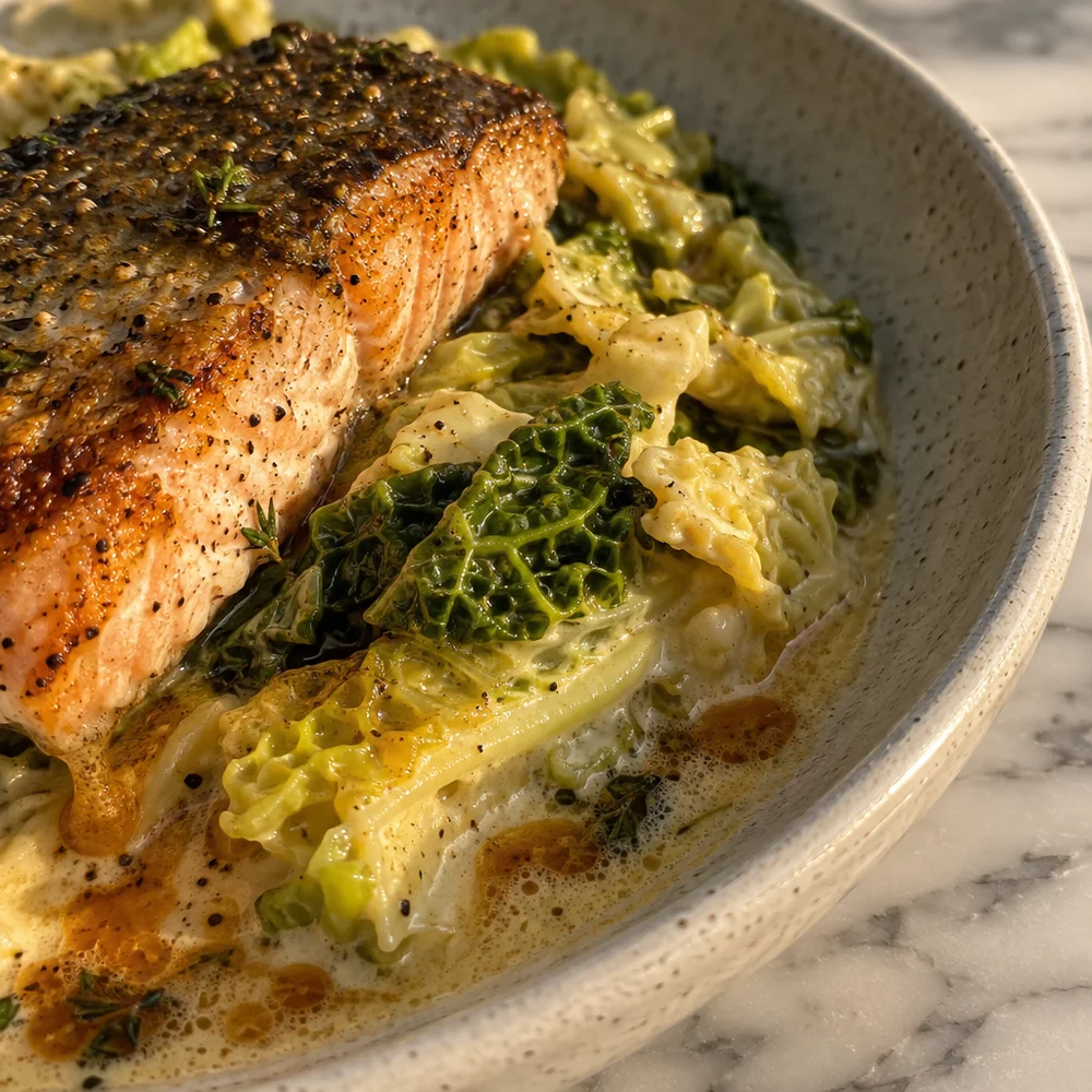 Keto air fryer trout with creamed savoy cabbage and brown butter