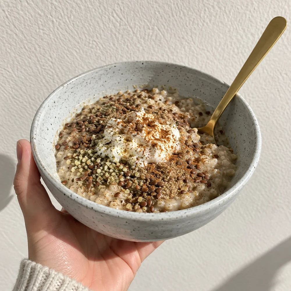 Keto gingerbread porridge with linseed, hemp seeds and cream