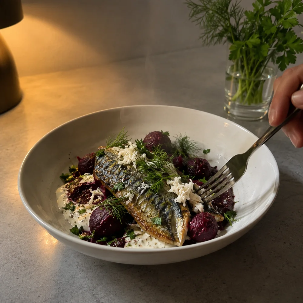 Keto air fryer mackerel with horseradish soured cream and beetroot