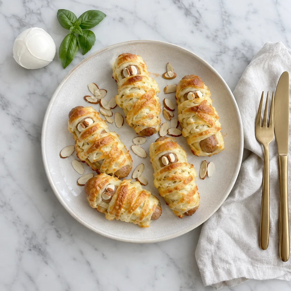 Keto chicken sausage mummies in mozzarella dough