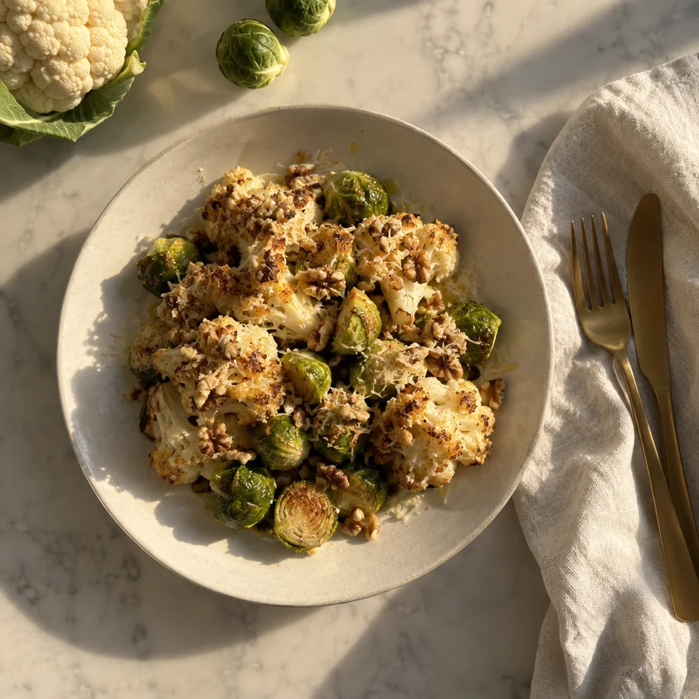 Keto roasted cauliflower with parmesan and walnut crust and Brussels sprouts