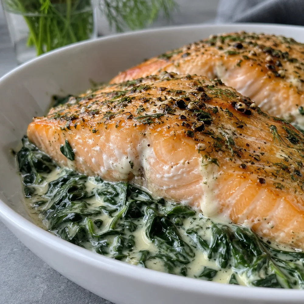 Keto oven-baked wild salmon fillets with creamed spinach