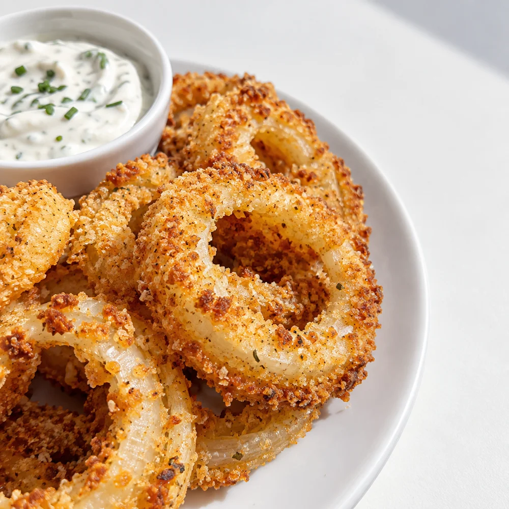 Keto air fryer parmesan onion rings with soured cream dip
