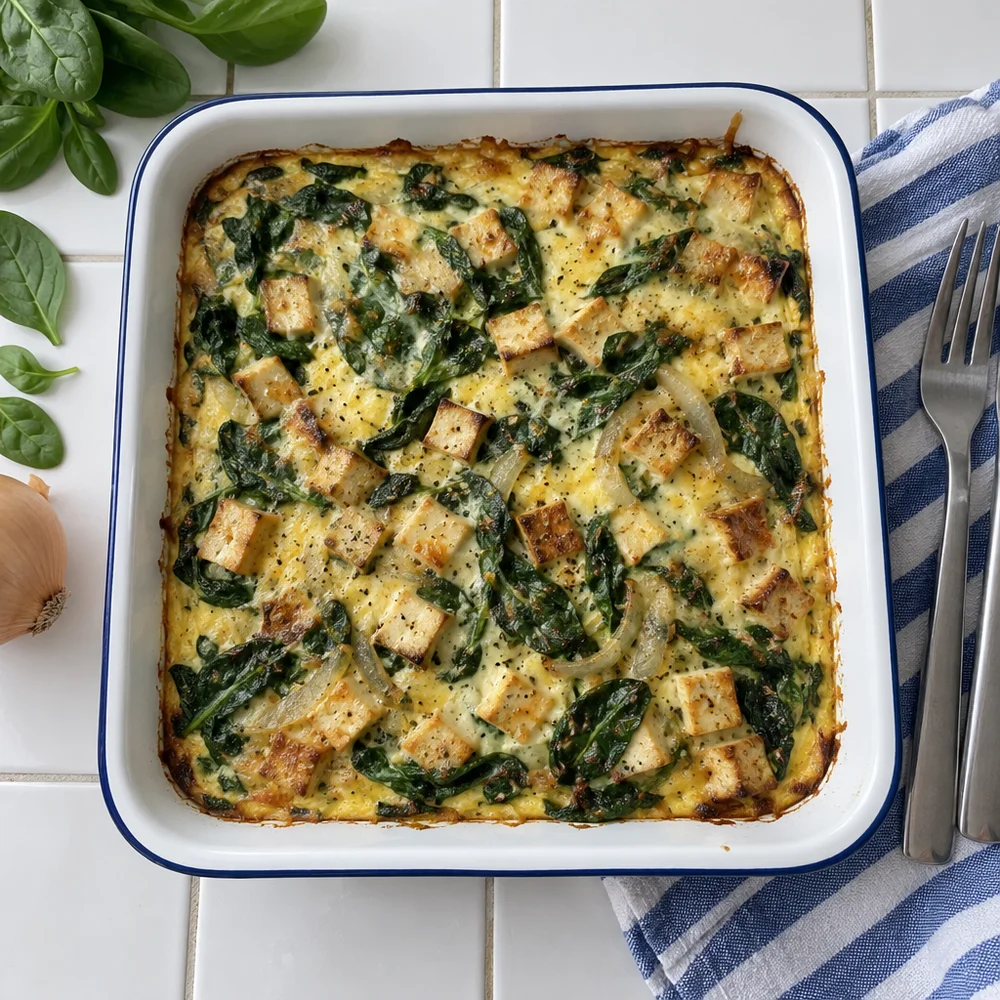 Keto crustless quiche with spinach and smoked tofu