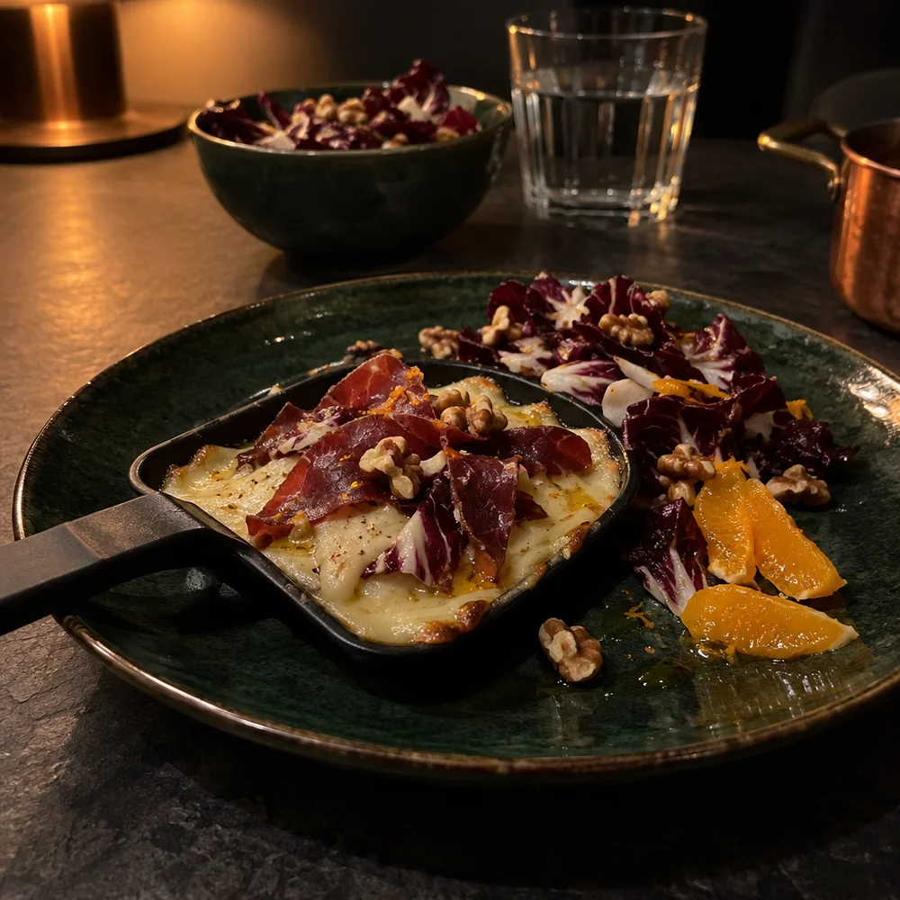 Keto raclette pans with bresaola, radicchio and walnuts
