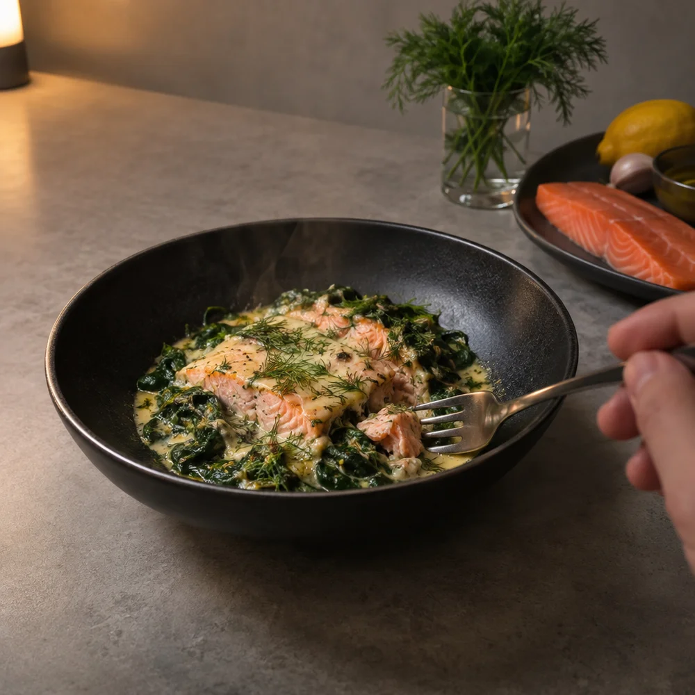 Keto raclette pans with salmon, spinach and dill