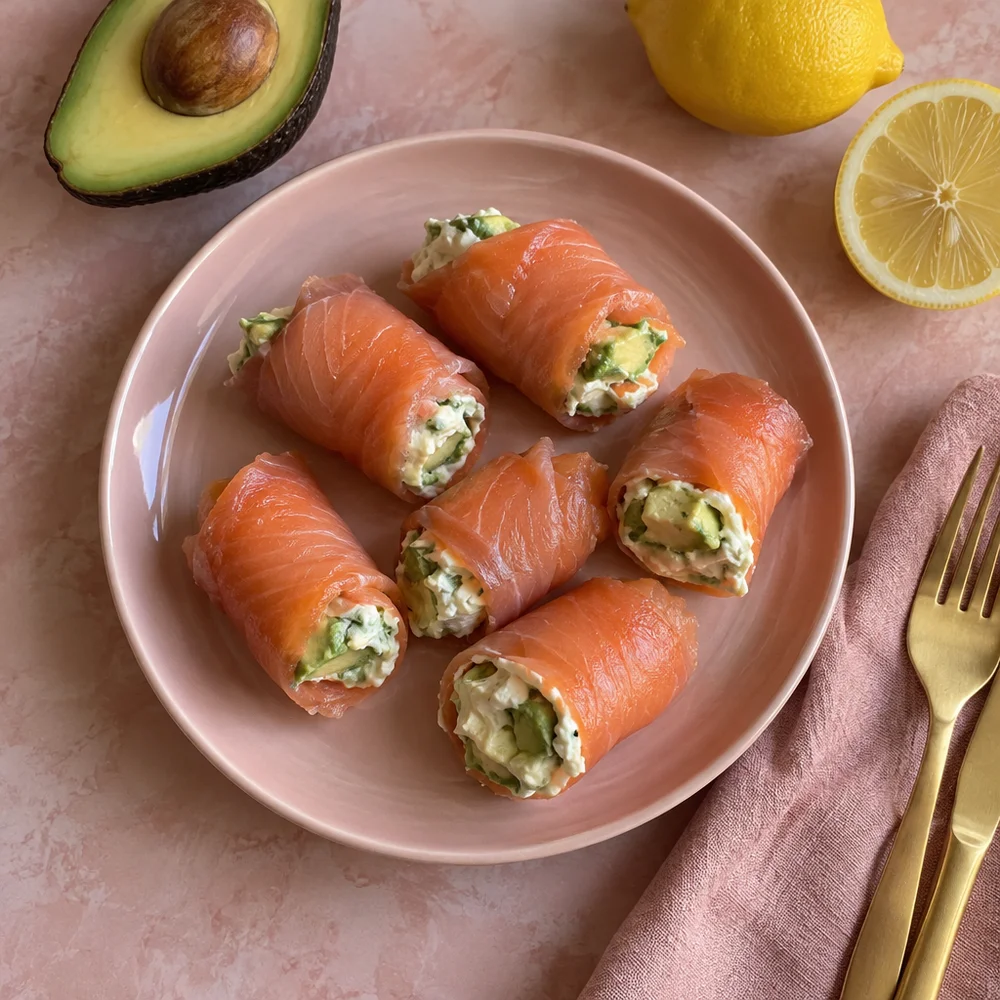 Keto smoked salmon rolls with avocado cream cheese