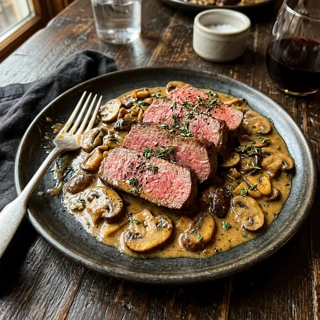 Keto beef fillet strips with creamy mushroom sauce