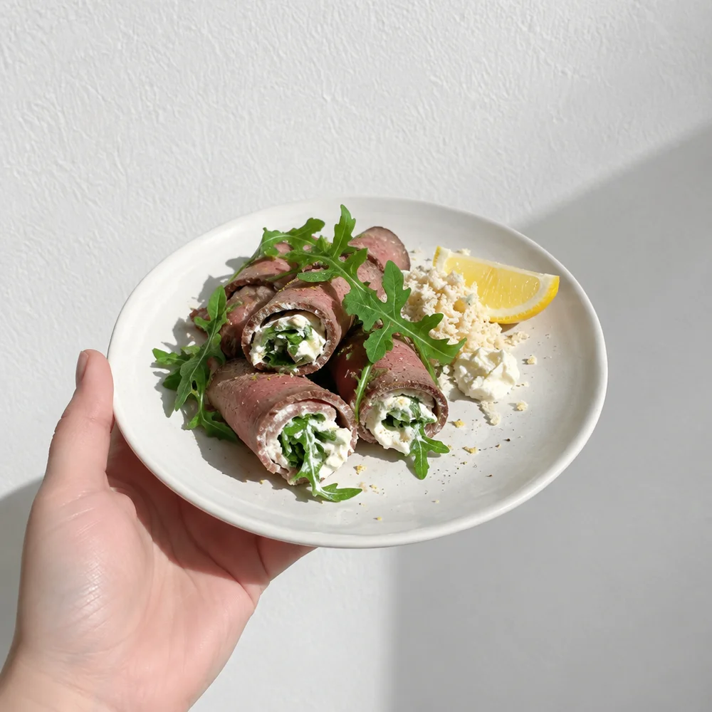 Keto roast beef rolls with horseradish cream cheese and rocket