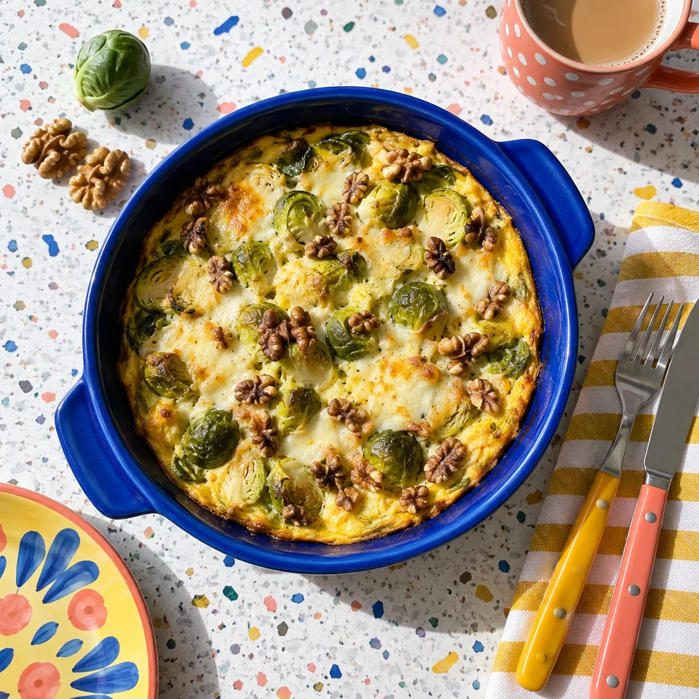 Keto Brussels sprout frittata with Alpine cheese for Christmas breakfast