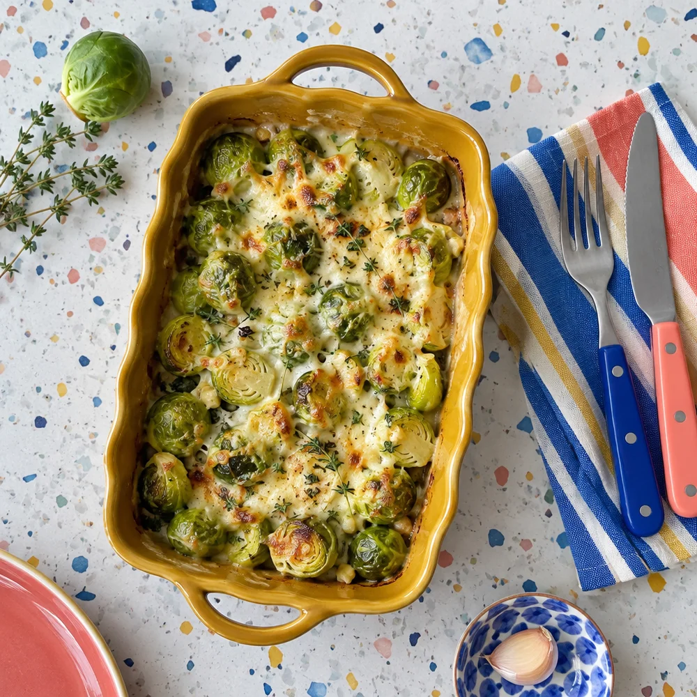 Keto Brussels sprouts gratin with Emmental and thyme