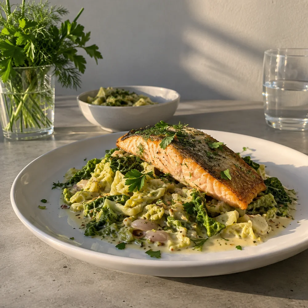 Keto Arctic char on creamy mustard savoy cabbage