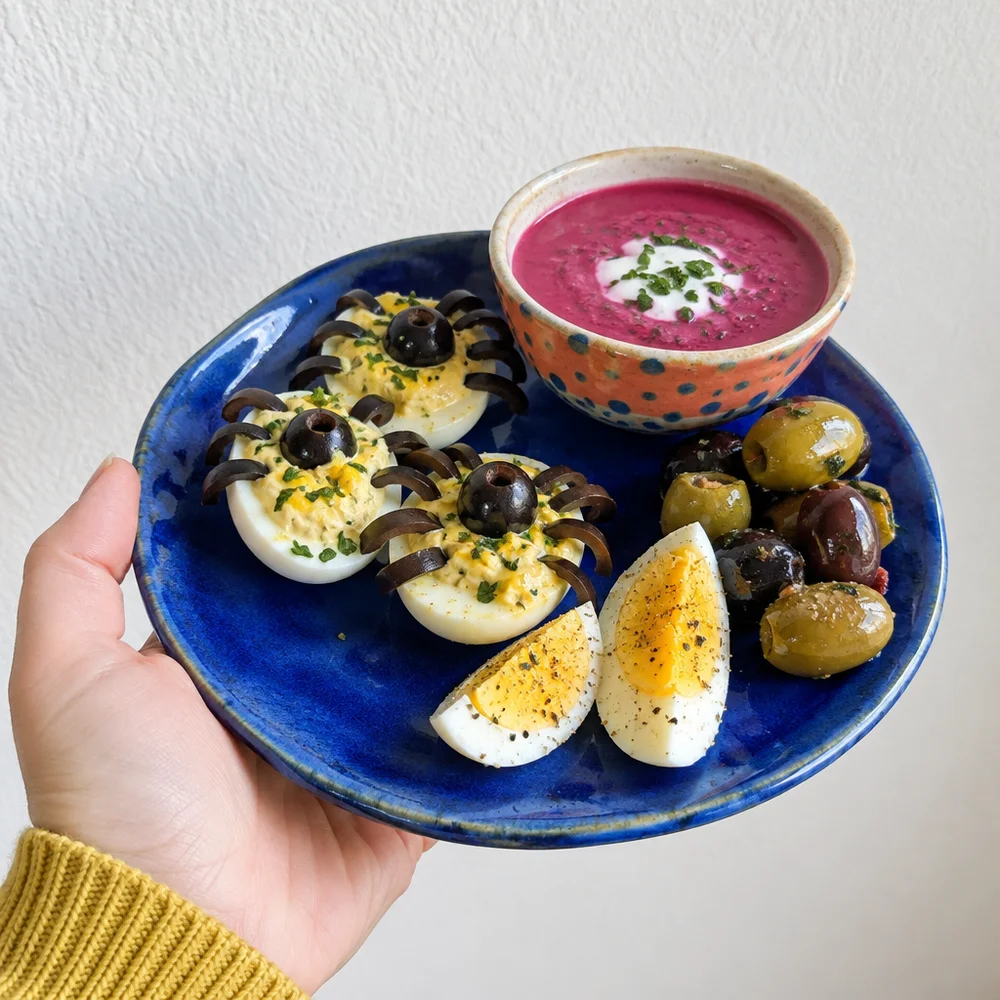 Spider eggs with yoghurt and mustard filling and olives