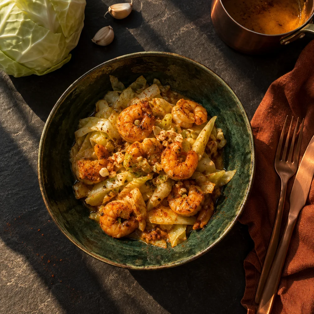 Keto white cabbage wedges with prawns and Cajun butter