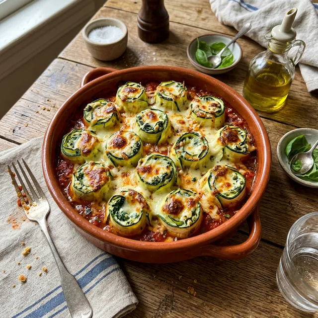 Keto courgette rolls with spinach and ricotta filling