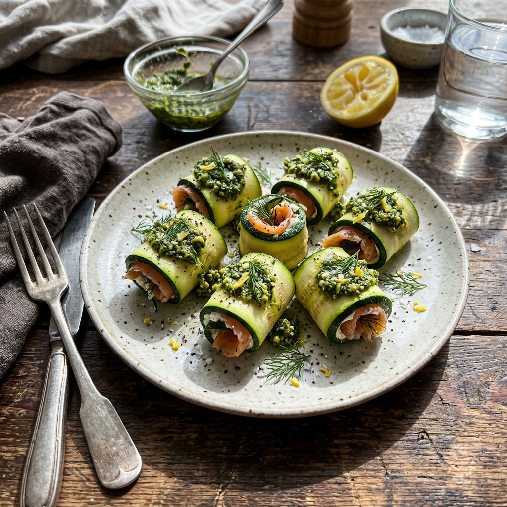 Keto courgette and wild salmon rolls with lemon herb pesto