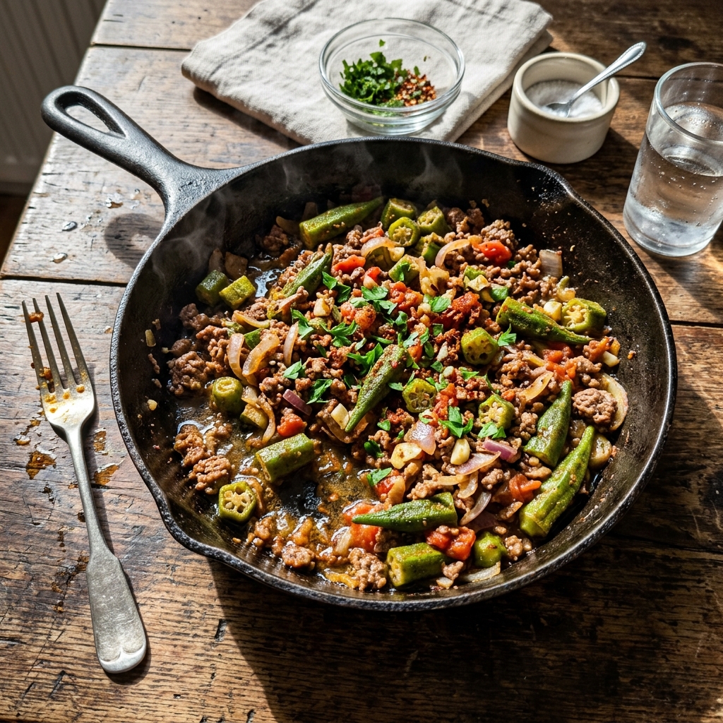 Keto okra pan with beef mince