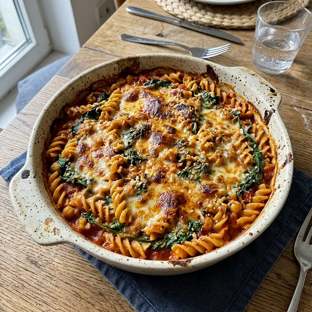 Vegan chickpea pasta bake with fresh spinach