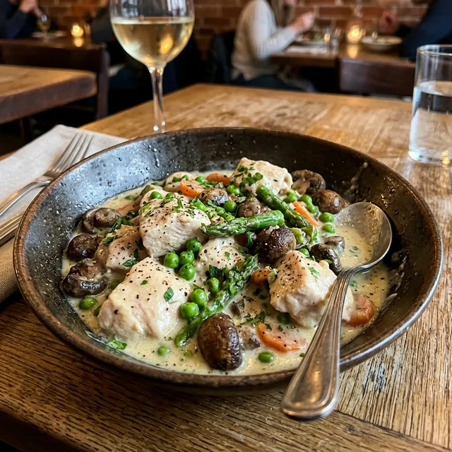 High-protein chicken fricassee with asparagus and peas