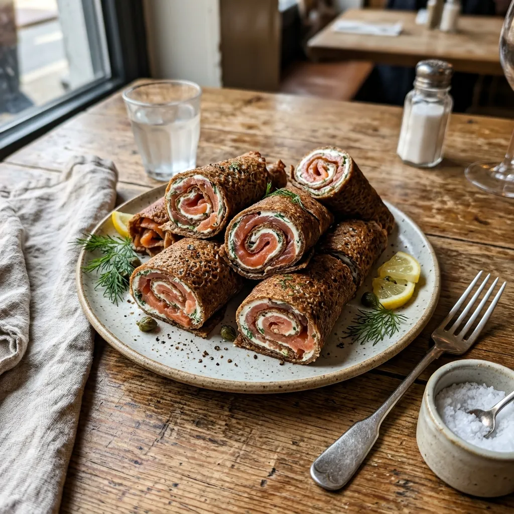 Crispy buckwheat pancakes with smoked salmon