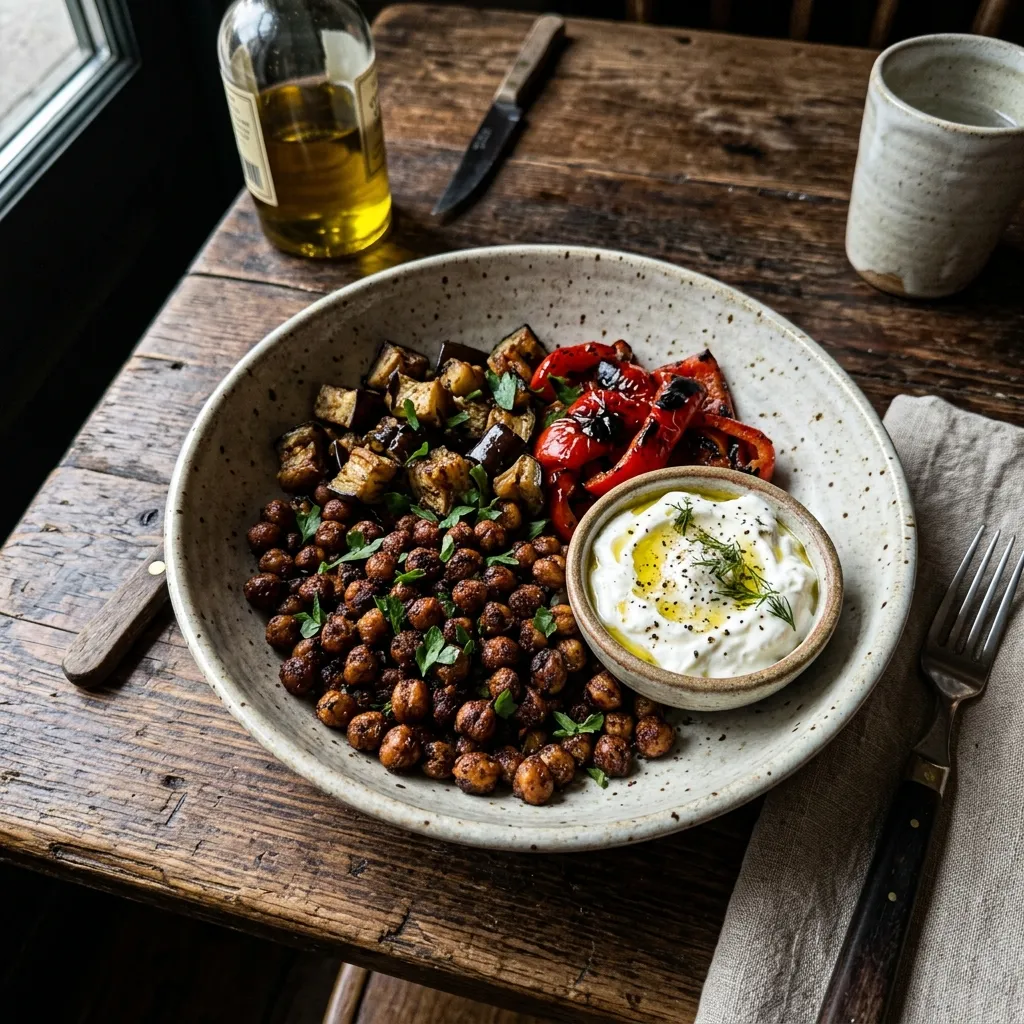 Crispy chickpea traybake with aubergine