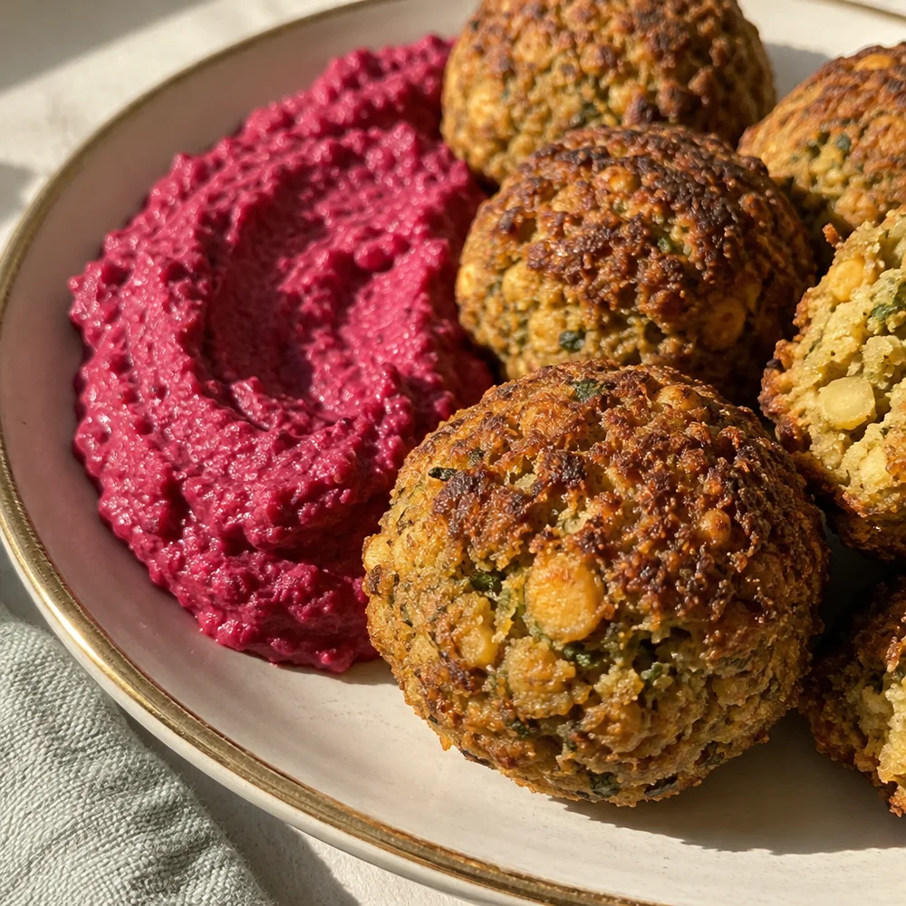 Crispy baked falafel with beetroot hummus