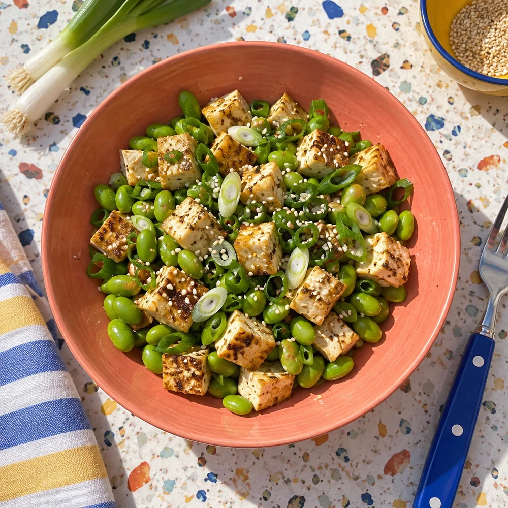 Tofu and edamame poke bowl