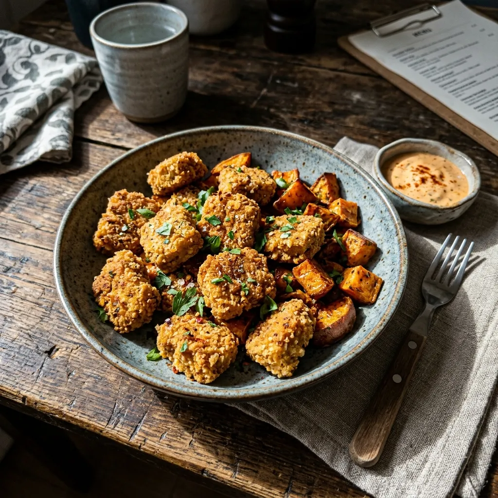 Crispy tofu nuggets with sweet potato
