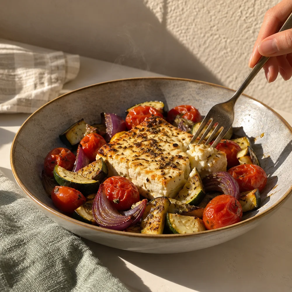 Crispy baked feta on a colourful bed of vegetables