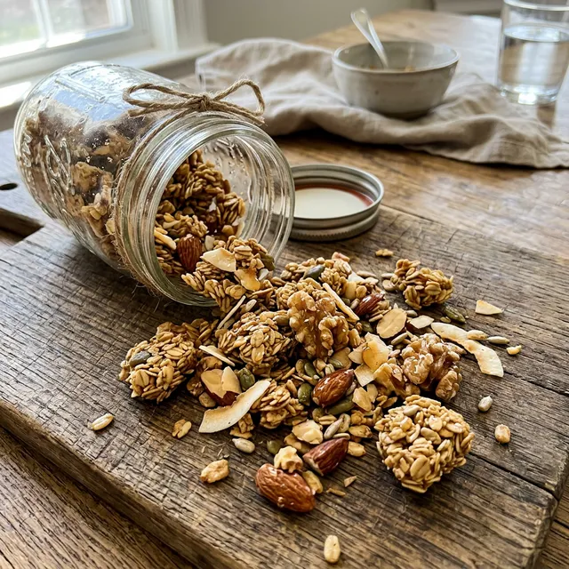 Vegan crunchy granola with nuts and coconut