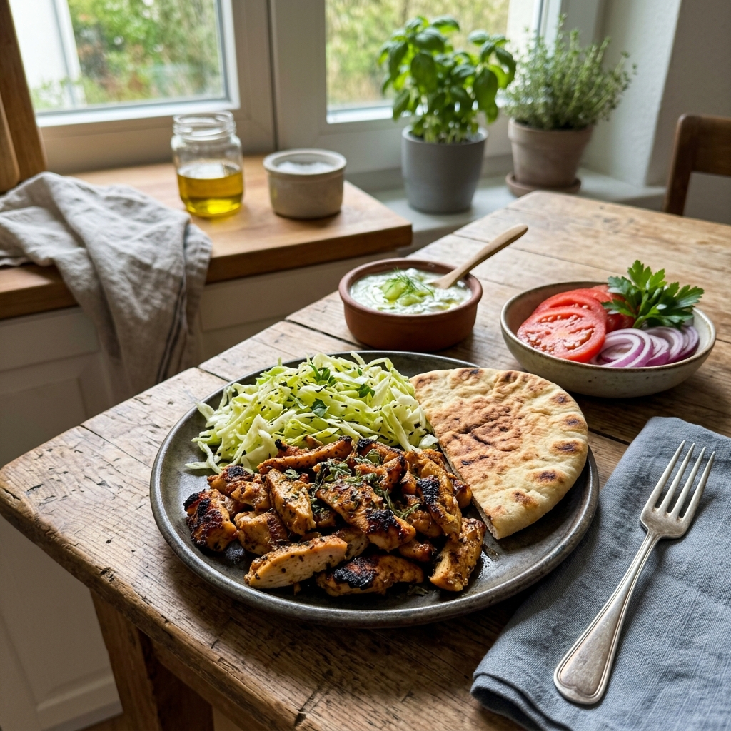 Crispy chicken gyros with cabbage slaw