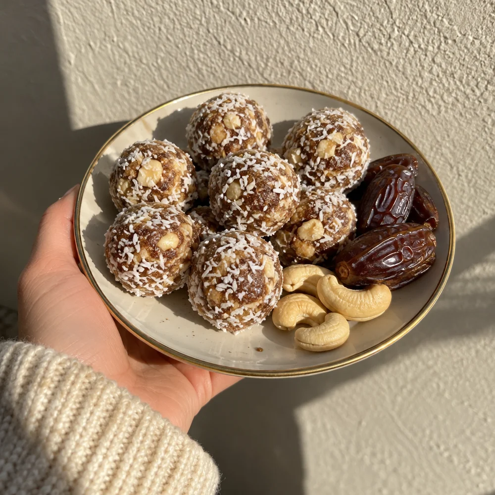 Vegan coconut and date balls with cashews