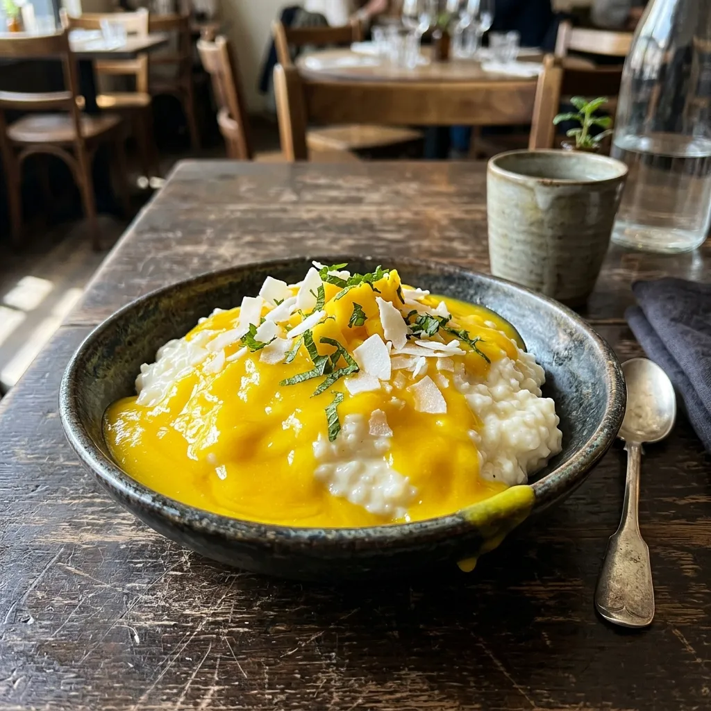 Creamy coconut rice pudding dessert with mango purée
