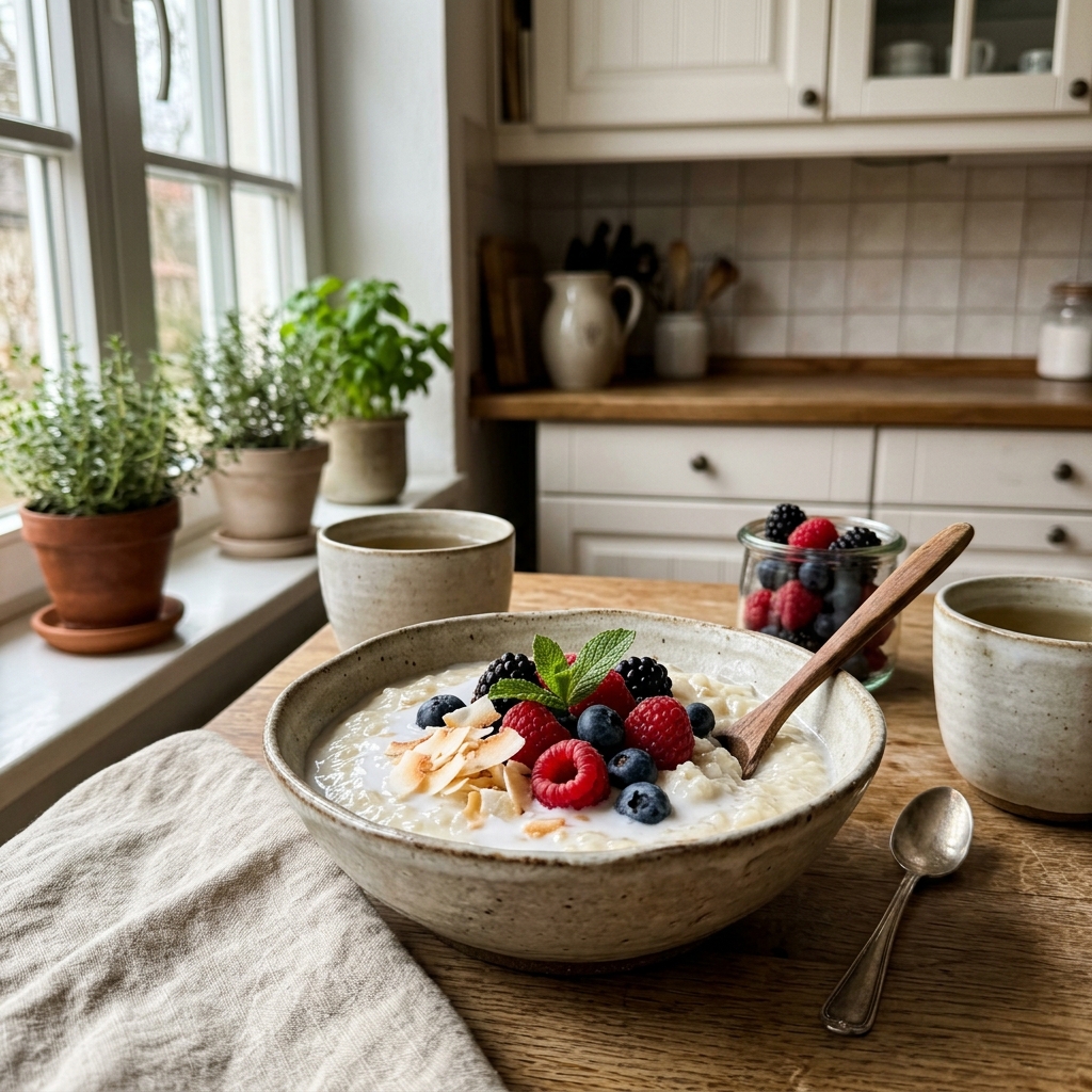 Exotic coconut rice pudding with berries
