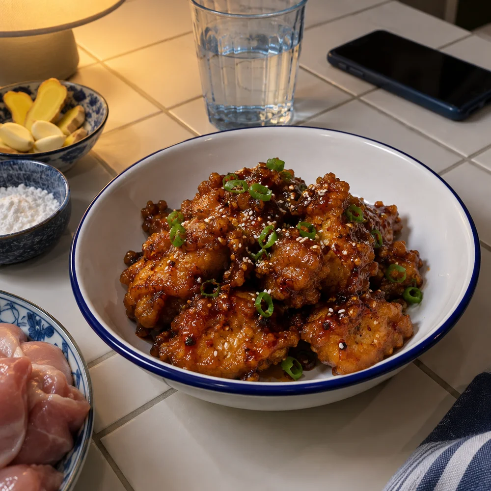Air fryer Korean crispy chicken with honey and chilli glaze