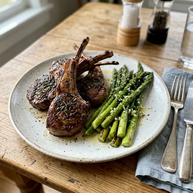 Herb-crusted lamb chops with green asparagus