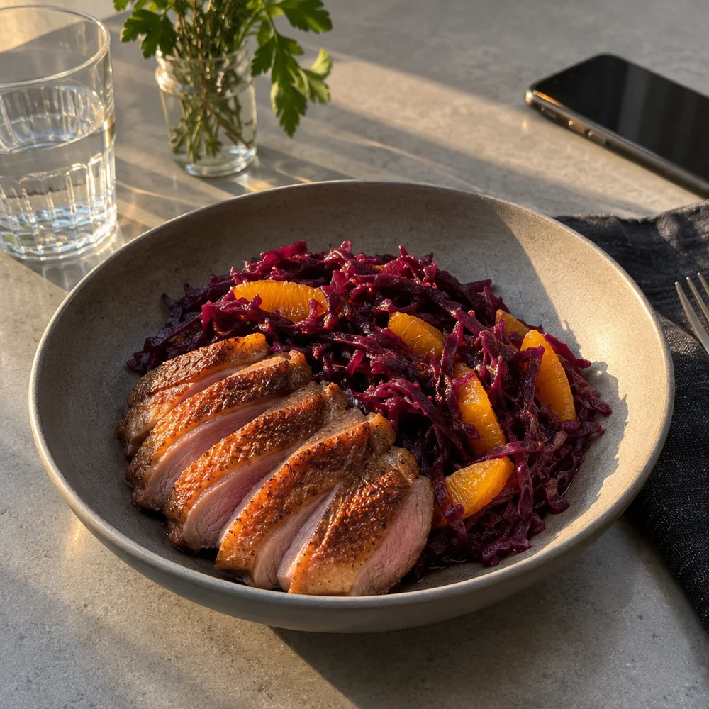 High-protein duck breast with orange red cabbage