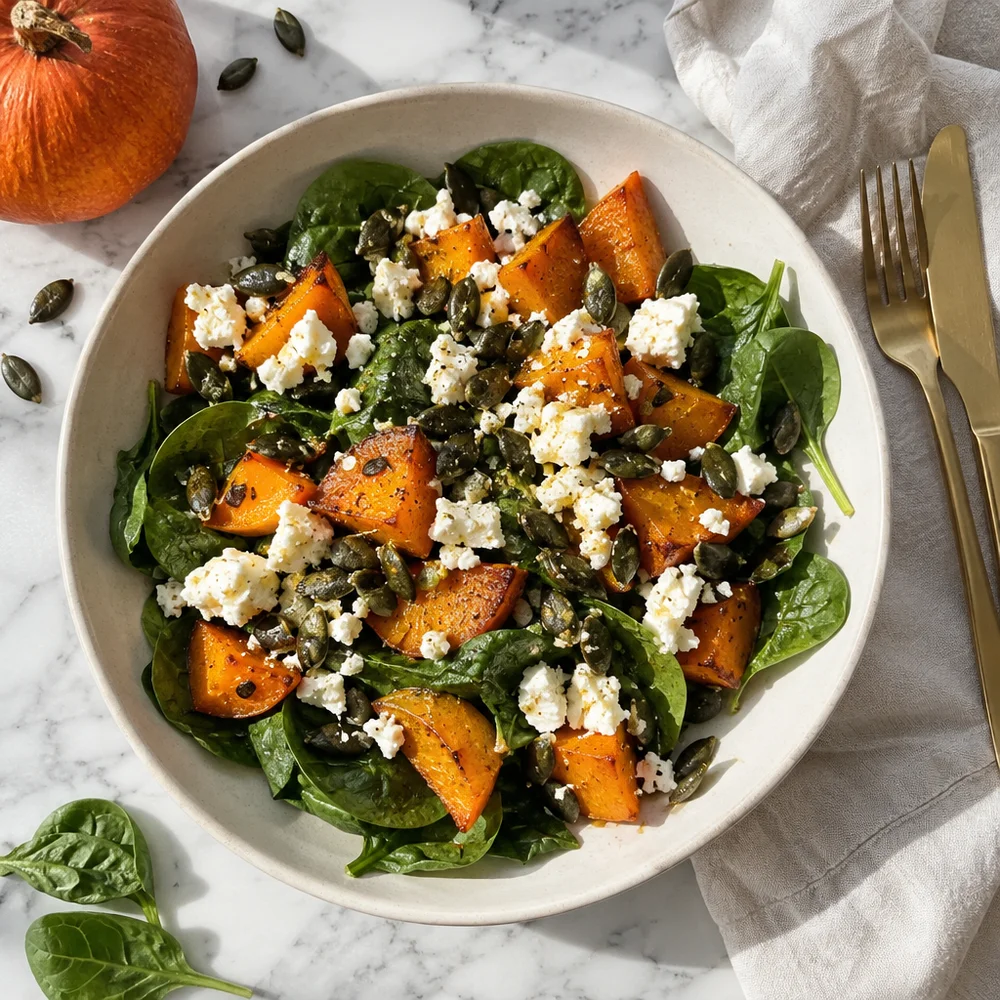 Roasted squash and feta salad with pumpkin seed oil