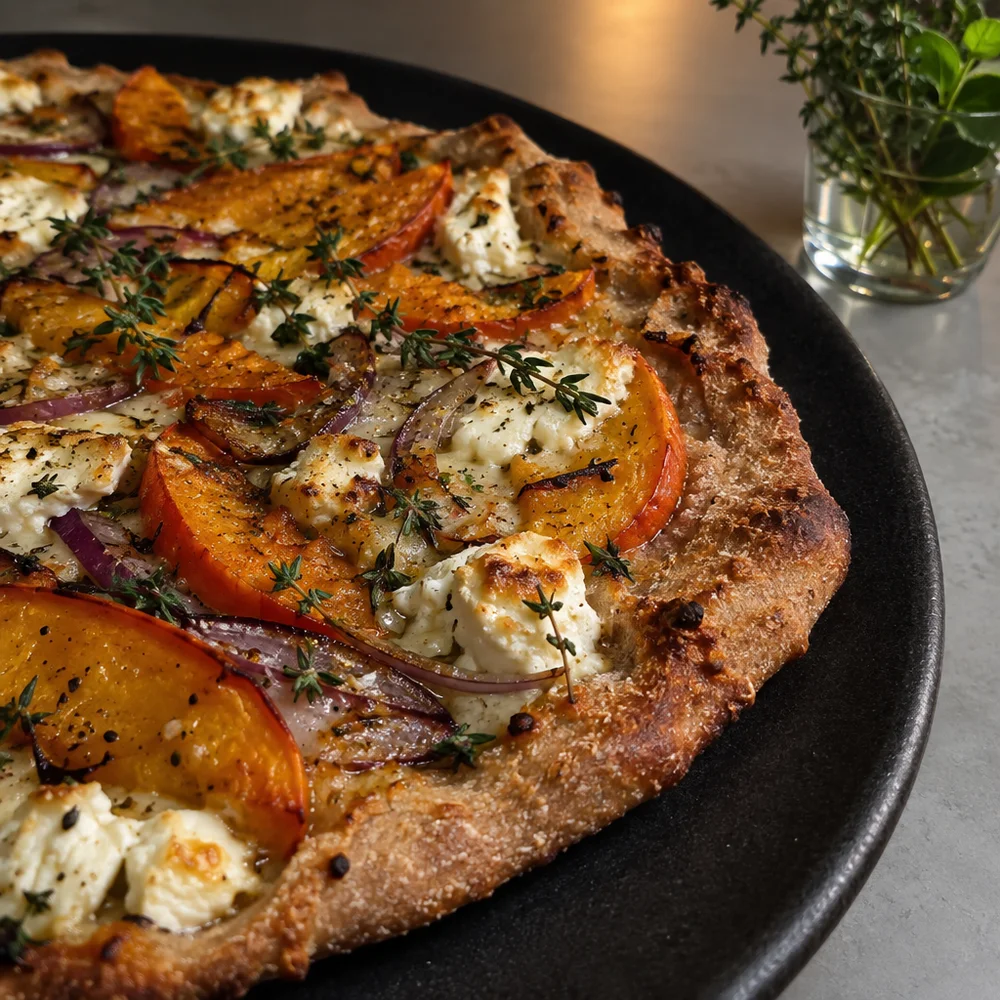 Squash Flammkuchen (tarte flambée) with soft goat's cheese and thyme